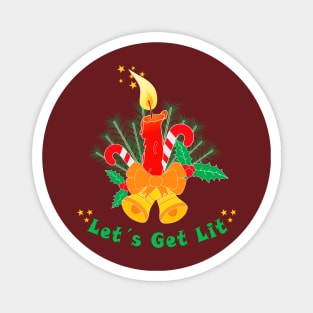 Christmas bells, candle, candy, holly berry with funny pun: Let’s Get Lit Magnet